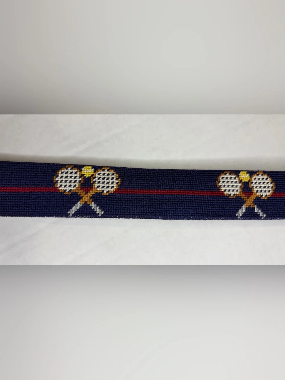 Smathers & Branson Crossed Tennis Racquets Needlepoint Belt Size 32 Navy Brass